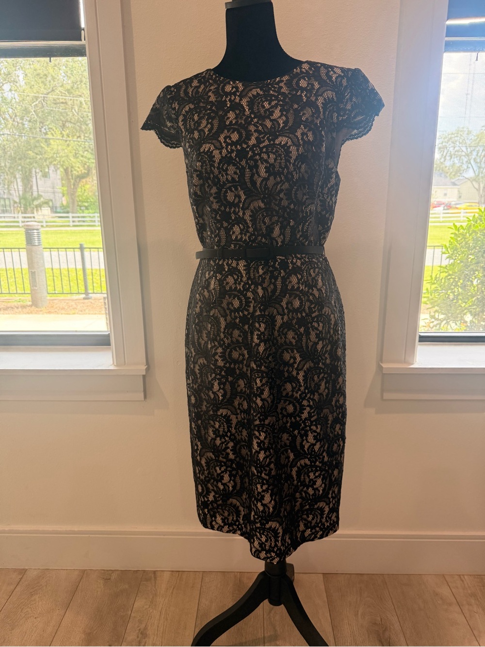 Talbots black laced dress with belt size 8